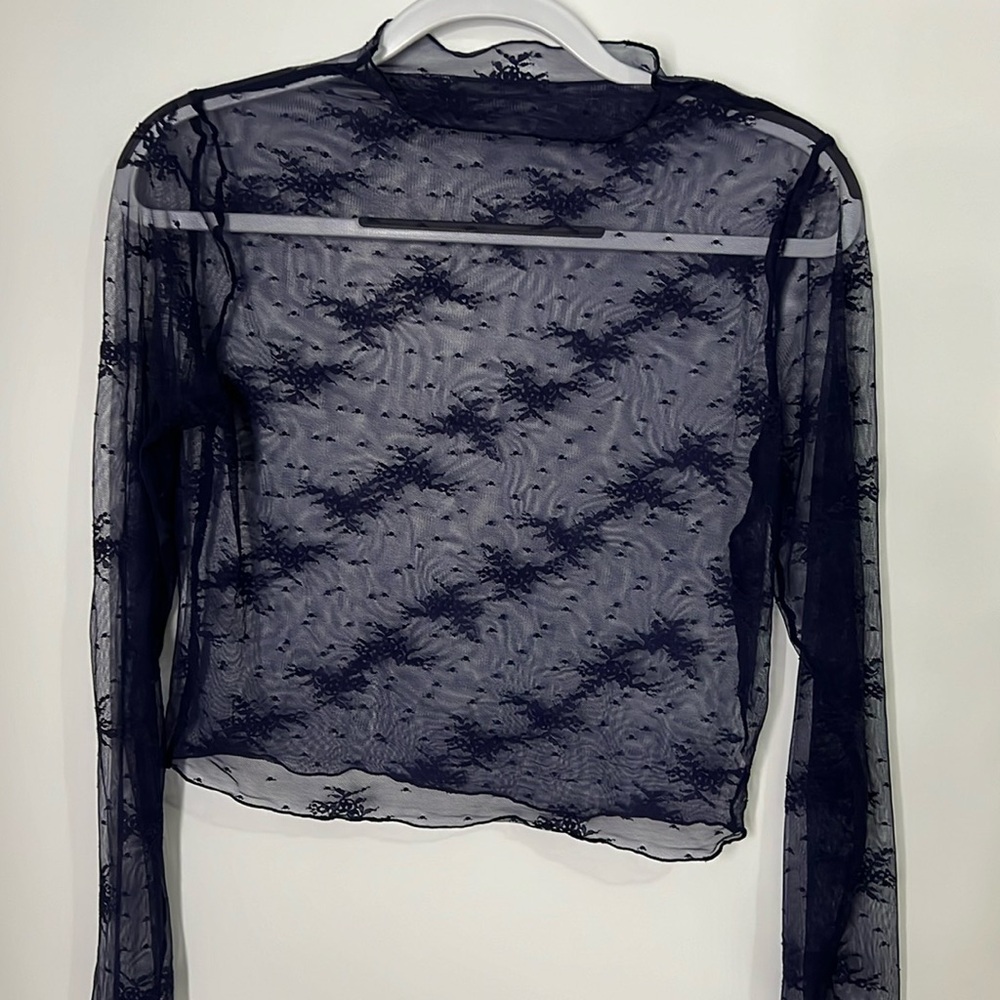 American Eagle Aerie Lace cropped mock neck top color NAVY size MED